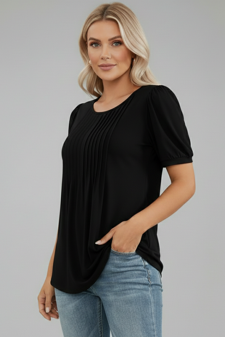 Mireille | Women’s Round Neck T-Shirt – Short Puff Sleeve Top, Casual Everyday Shirt
