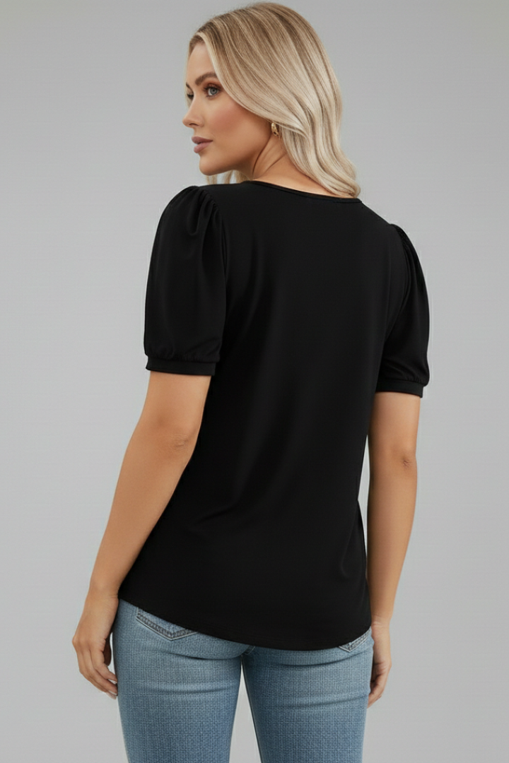 Mireille | Women’s Round Neck T-Shirt – Short Puff Sleeve Top, Casual Everyday Shirt