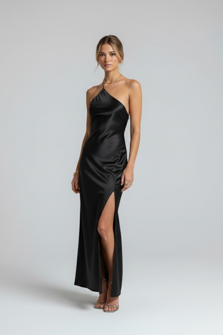 Women’s Maxi Dress with Slit and Asymmetric Neckline