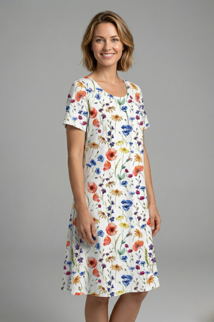 Monroe | Women's Loose Fit Floral Dress - Round Neck Short Sleeve Flared Dress