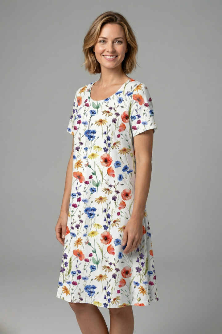 Monroe | Women's Loose Fit Floral Dress - Round Neck Short Sleeve Flared Dress