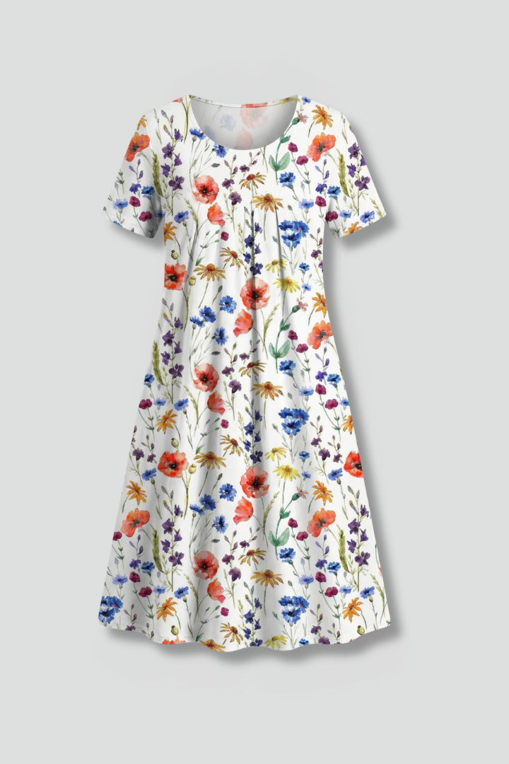 Monroe | Women's Loose Fit Floral Dress - Round Neck Short Sleeve Flared Dress