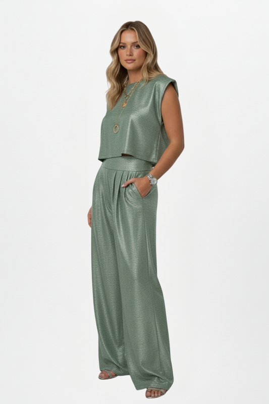 Myla | Women Two Piece Set – Shimmer Co-Ord Outfit, Cropped Cap Sleeve Top & Wide-Leg Pants