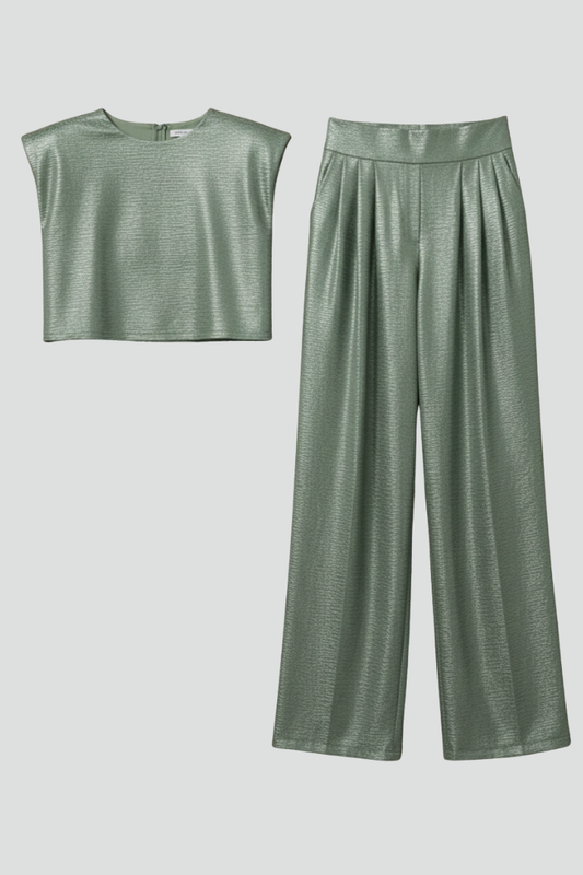 Myla | Women Two Piece Set – Shimmer Co-Ord Outfit, Cropped Cap Sleeve Top & Wide-Leg Pants