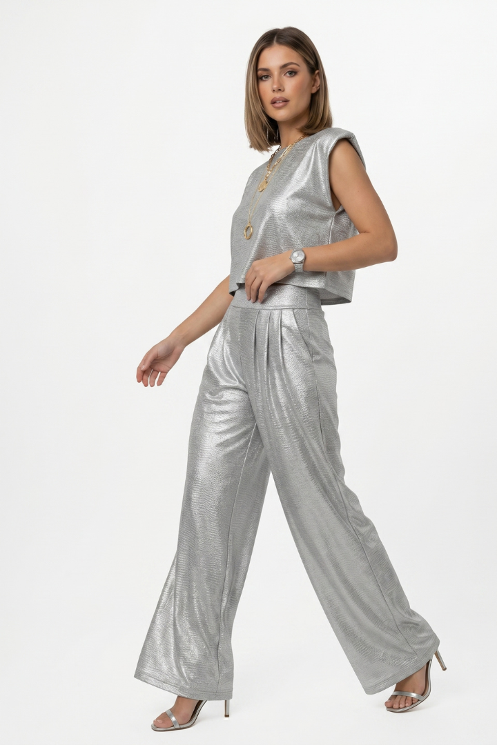 Myla | Women Two Piece Set – Shimmer Co-Ord Outfit, Cropped Cap Sleeve Top & Wide-Leg Pants