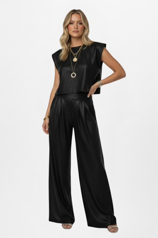 Myla | Women Two Piece Set – Shimmer Co-Ord Outfit, Cropped Cap Sleeve Top & Wide-Leg Pants