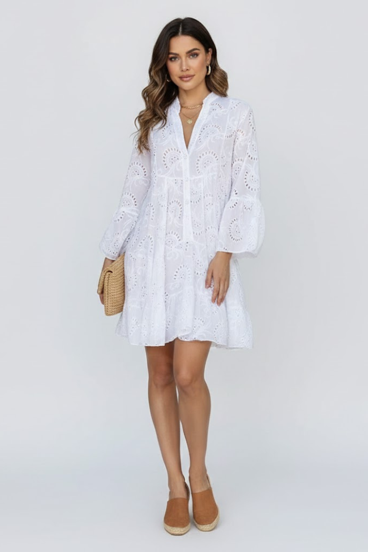 Myna | Women’s Sheer Eyelet Embroidered Mini Dress - Loose Fit Short Dress