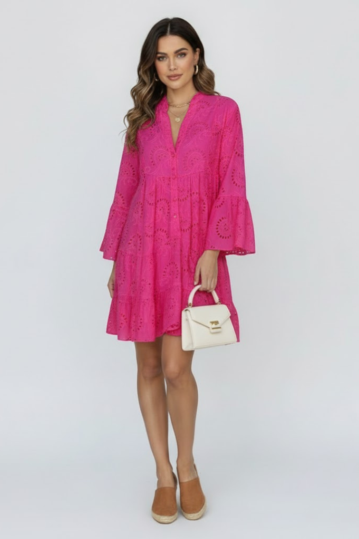 Myna | Women’s Sheer Eyelet Embroidered Mini Dress - Loose Fit Short Dress