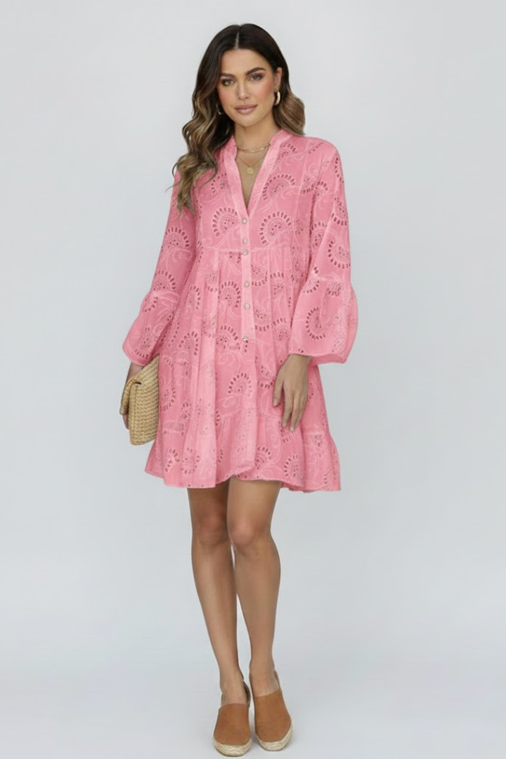 Myna | Women’s Sheer Eyelet Embroidered Mini Dress - Loose Fit Short Dress