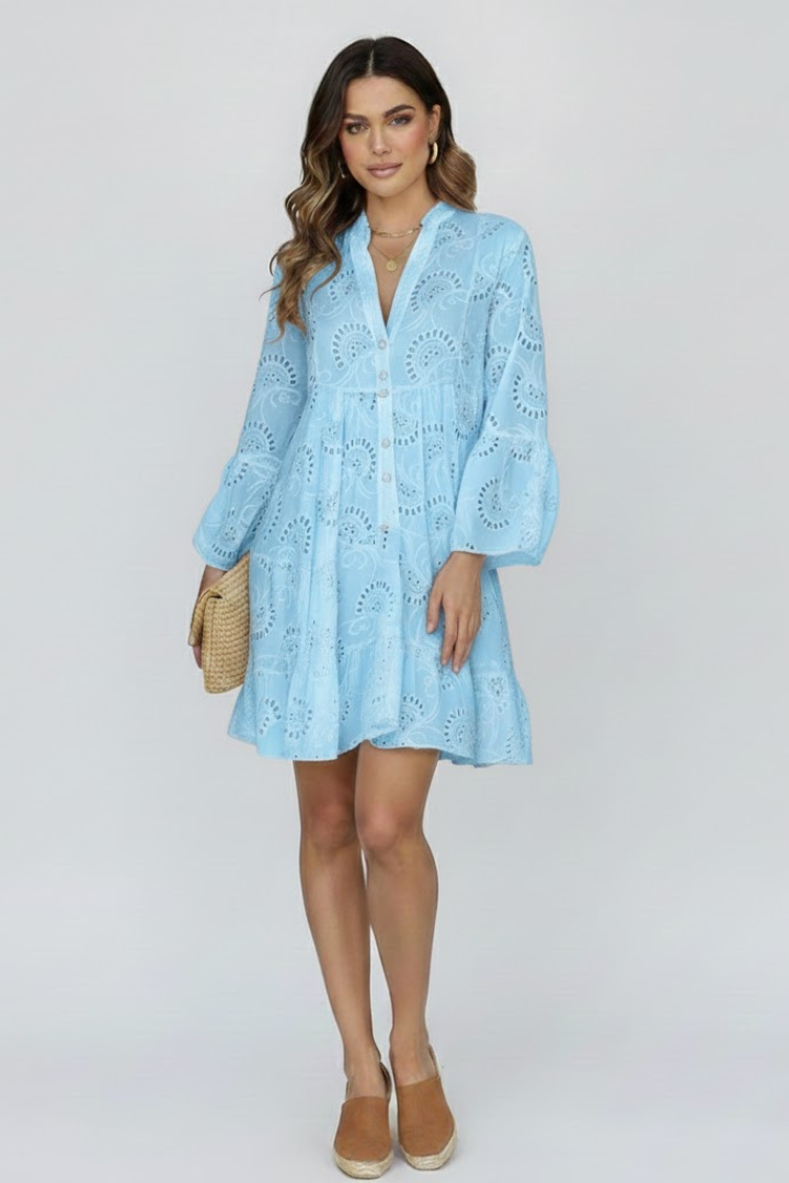 Myna | Women’s Sheer Eyelet Embroidered Mini Dress - Loose Fit Short Dress
