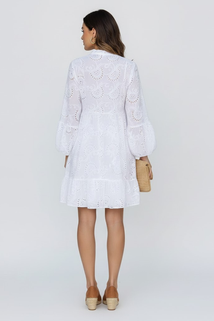Myna | Women’s Sheer Eyelet Embroidered Mini Dress - Loose Fit Short Dress
