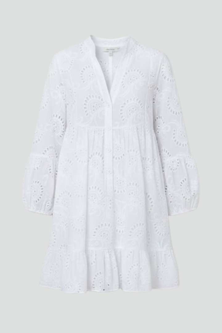 Myna | Women’s Sheer Eyelet Embroidered Mini Dress - Loose Fit Short Dress