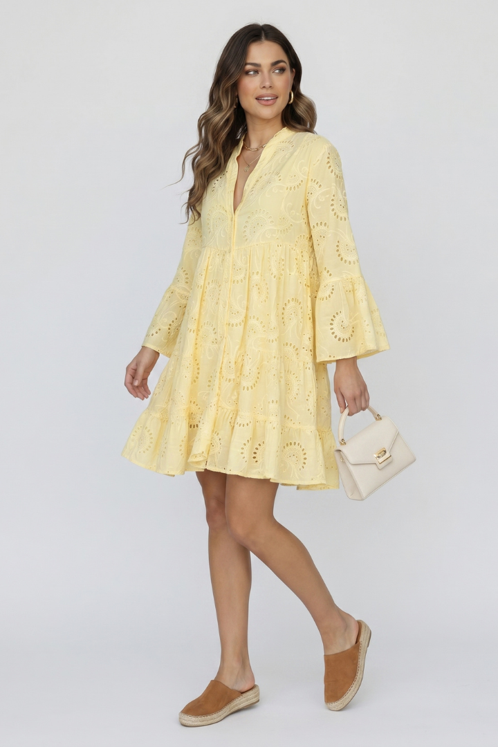 Myna | Women’s Sheer Eyelet Embroidered Mini Dress - Loose Fit Short Dress