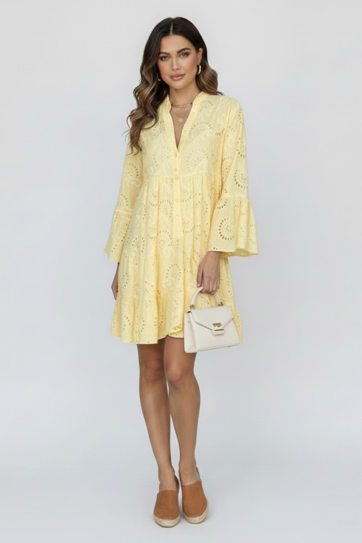 Myna | Women’s Sheer Eyelet Embroidered Mini Dress - Loose Fit Short Dress