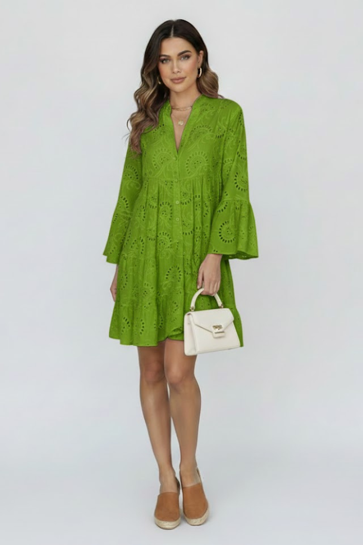 Myna | Women’s Sheer Eyelet Embroidered Mini Dress - Loose Fit Short Dress