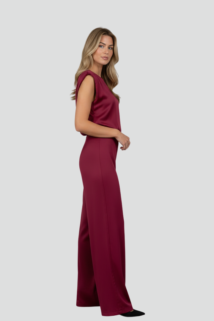 Naomi | Women’s 2 Piece Set - Sleeveless Satin Top, Wide Leg Pants Co-Ord Set