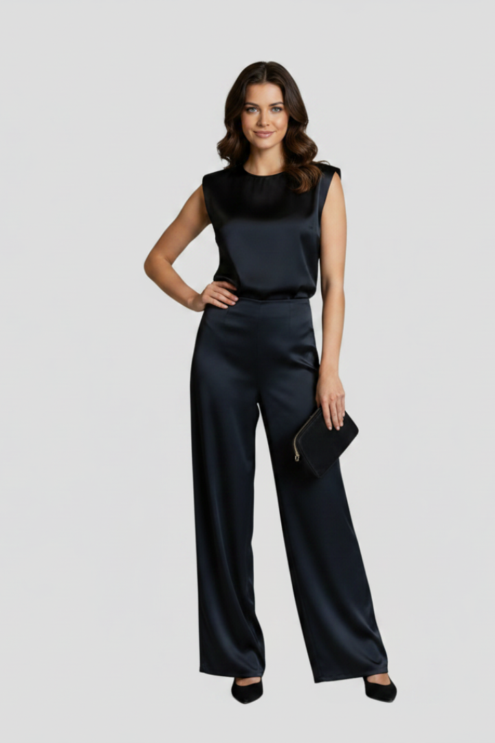 Naomi | Women’s 2 Piece Set - Sleeveless Satin Top, Wide Leg Pants Co-Ord Set