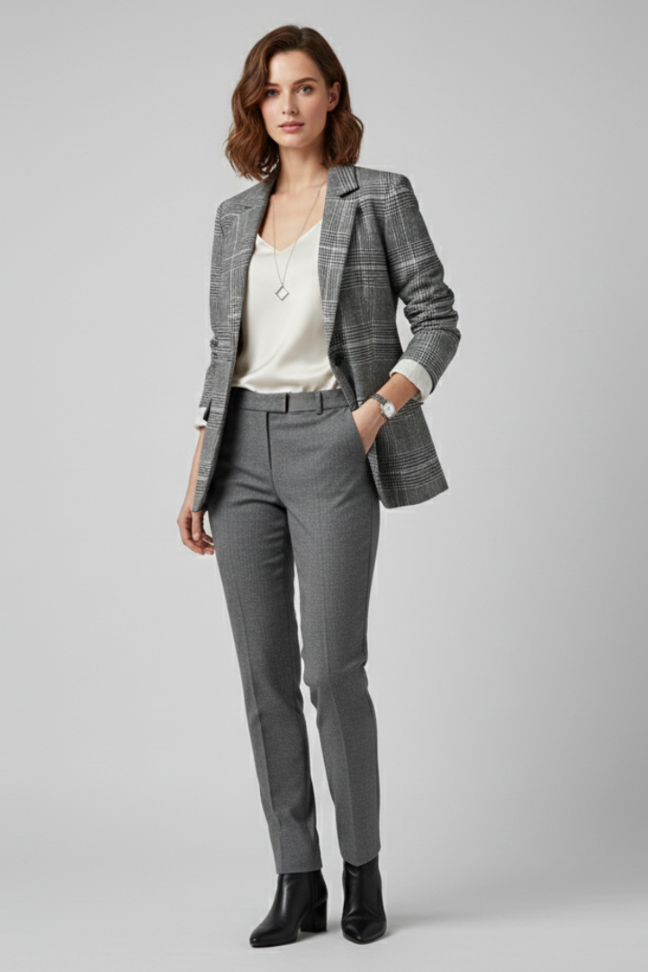 Naya | Women's Plaid Blazer – Structured Long Sleeve Button Jacket for Smart Casual Wear