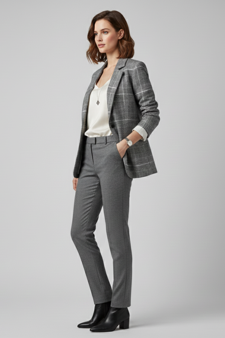 Naya | Women's Plaid Blazer – Structured Long Sleeve Button Jacket for Smart Casual Wear