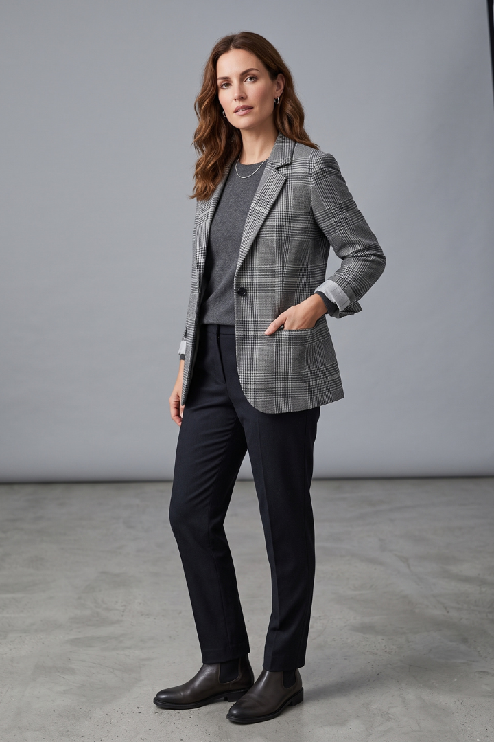 Naya | Women's Plaid Blazer – Structured Long Sleeve Button Jacket for Smart Casual Wear