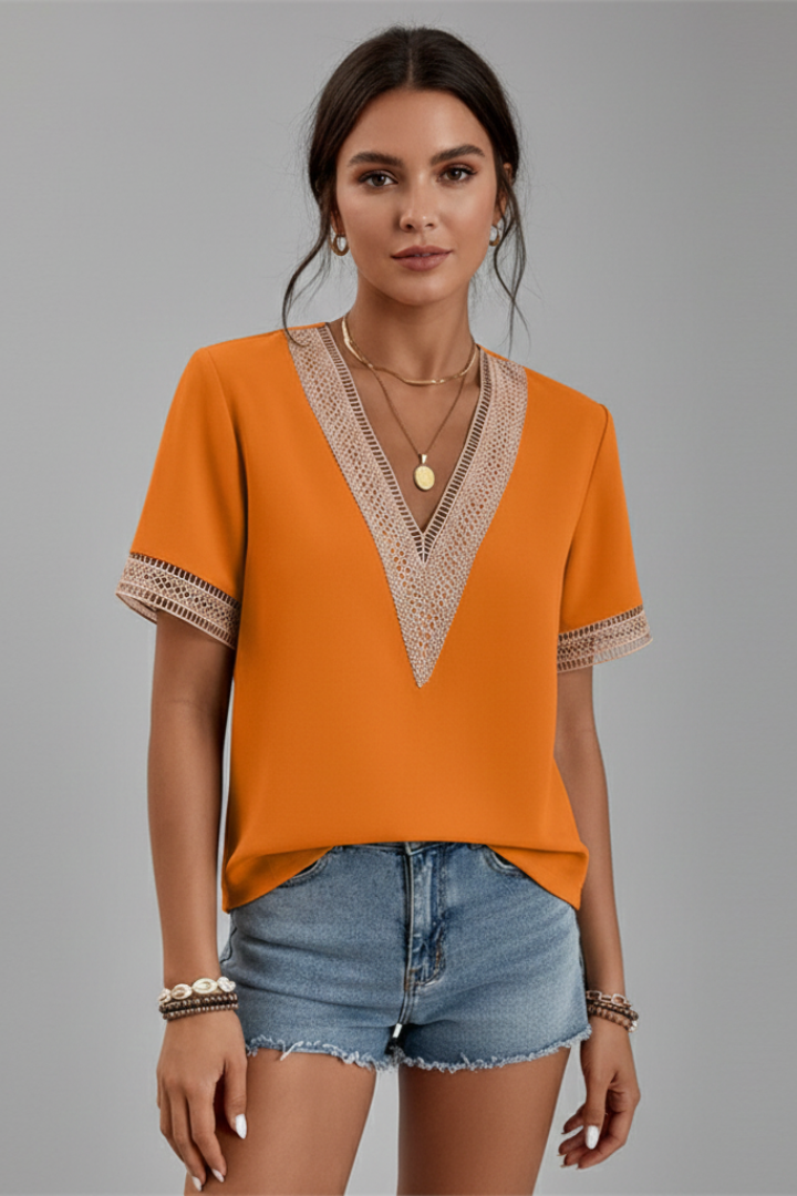 Nela | Women’s Short Sleeve Blouse – V-Neck Trim Detail Woven Everyday Top