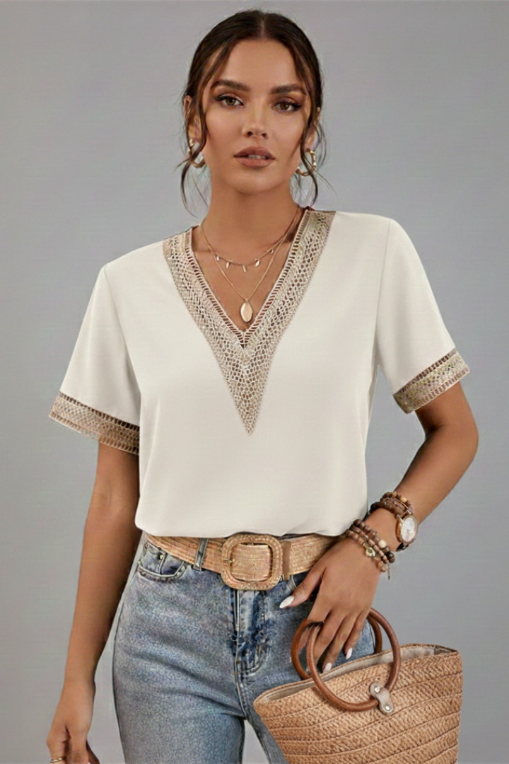 Nela | Women’s Short Sleeve Blouse – V-Neck Trim Detail Woven Everyday Top
