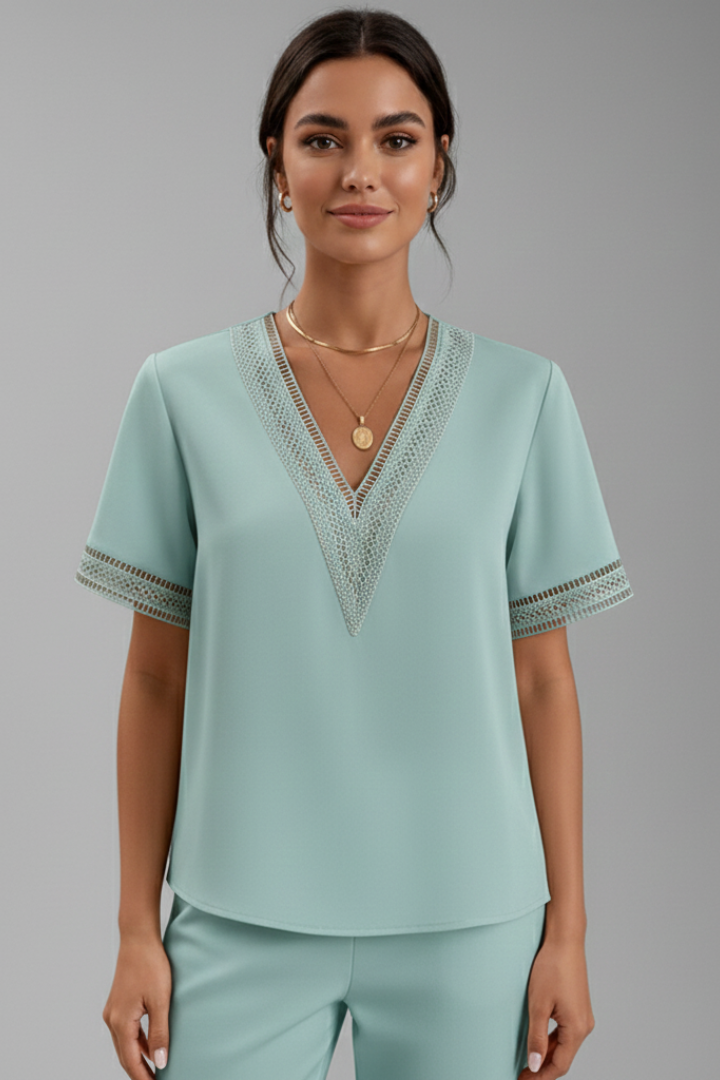 Nela | Women’s Short Sleeve Blouse – V-Neck Trim Detail Woven Everyday Top