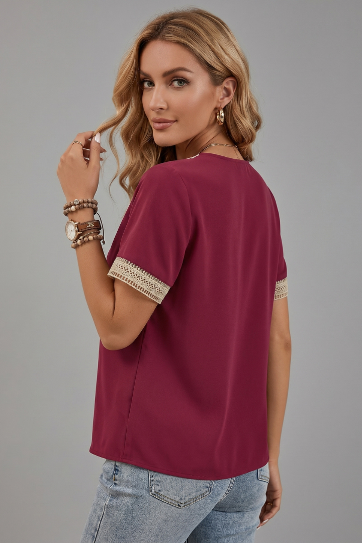 Nela | Women’s Short Sleeve Blouse – V-Neck Trim Detail Woven Everyday Top