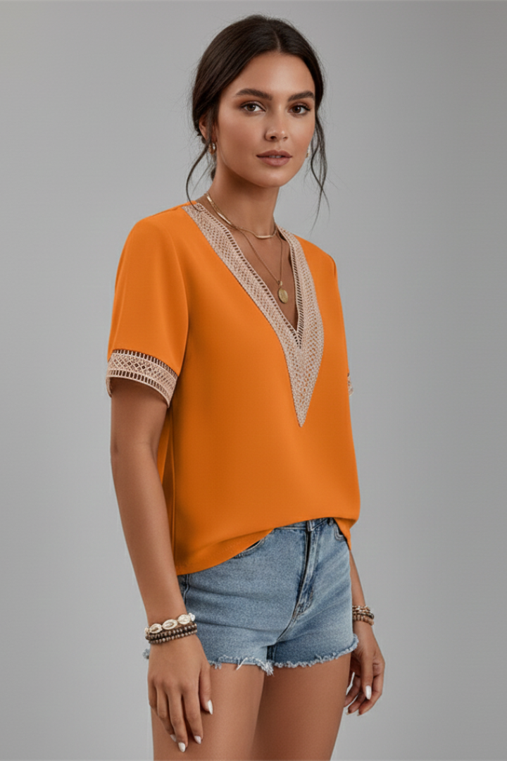 Nela | Women’s Short Sleeve Blouse – V-Neck Trim Detail Woven Everyday Top