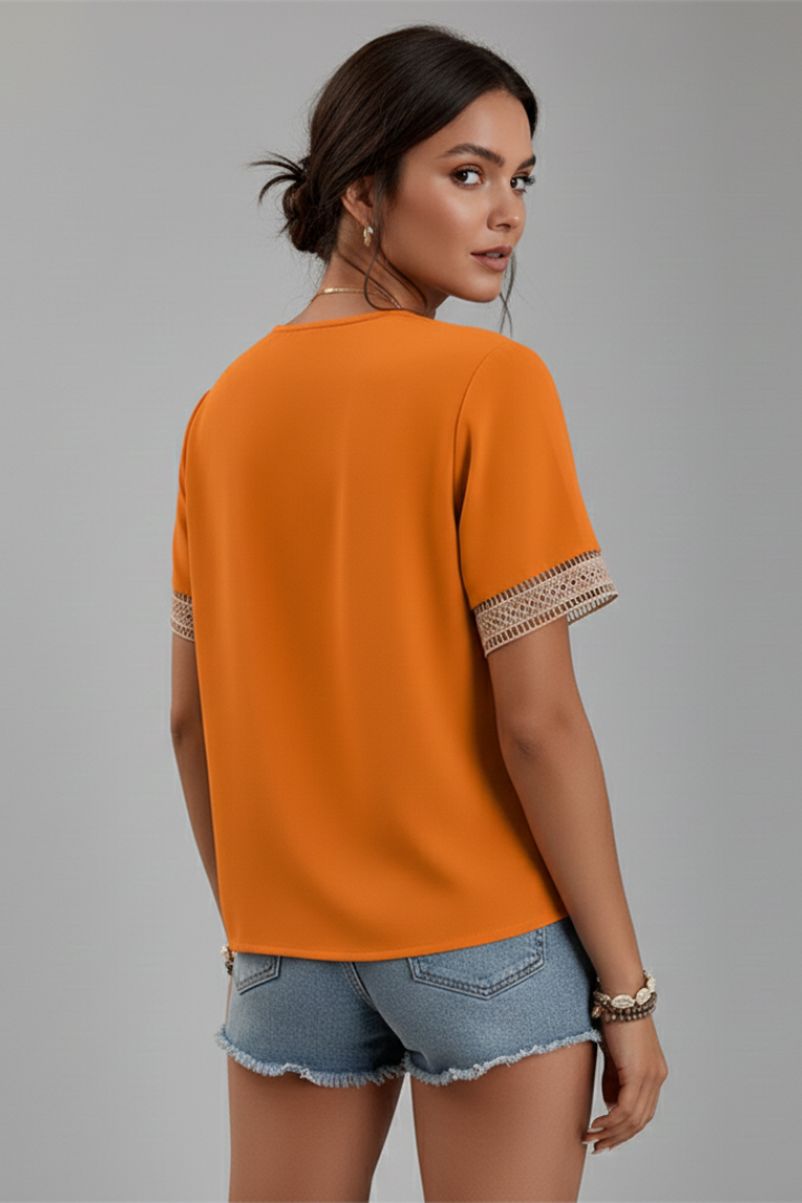 Nela | Women’s Short Sleeve Blouse – V-Neck Trim Detail Woven Everyday Top