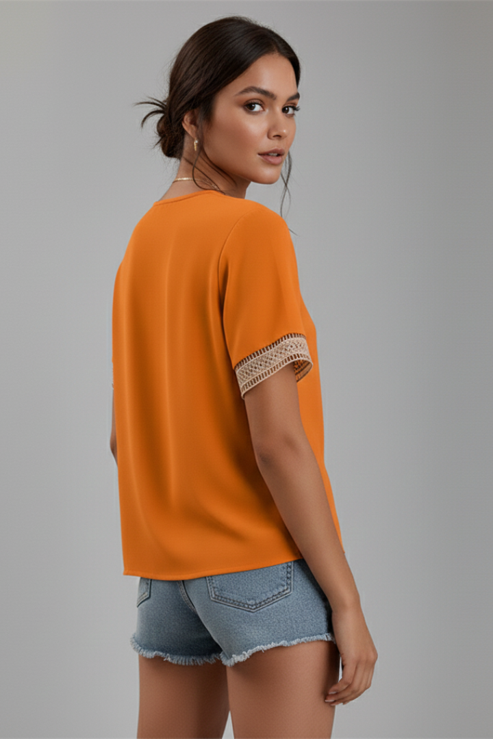 Nela | Women’s Short Sleeve Blouse – V-Neck Trim Detail Woven Everyday Top