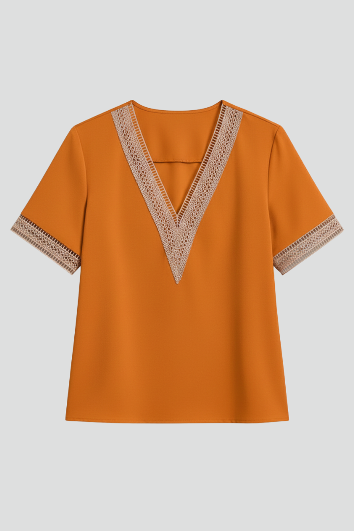 Nela | Women’s Short Sleeve Blouse – V-Neck Trim Detail Woven Everyday Top