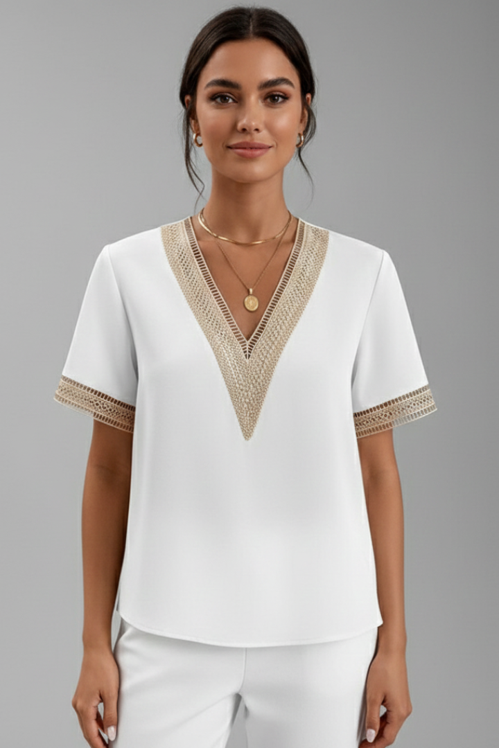 Nela | Women’s Short Sleeve Blouse – V-Neck Trim Detail Woven Everyday Top