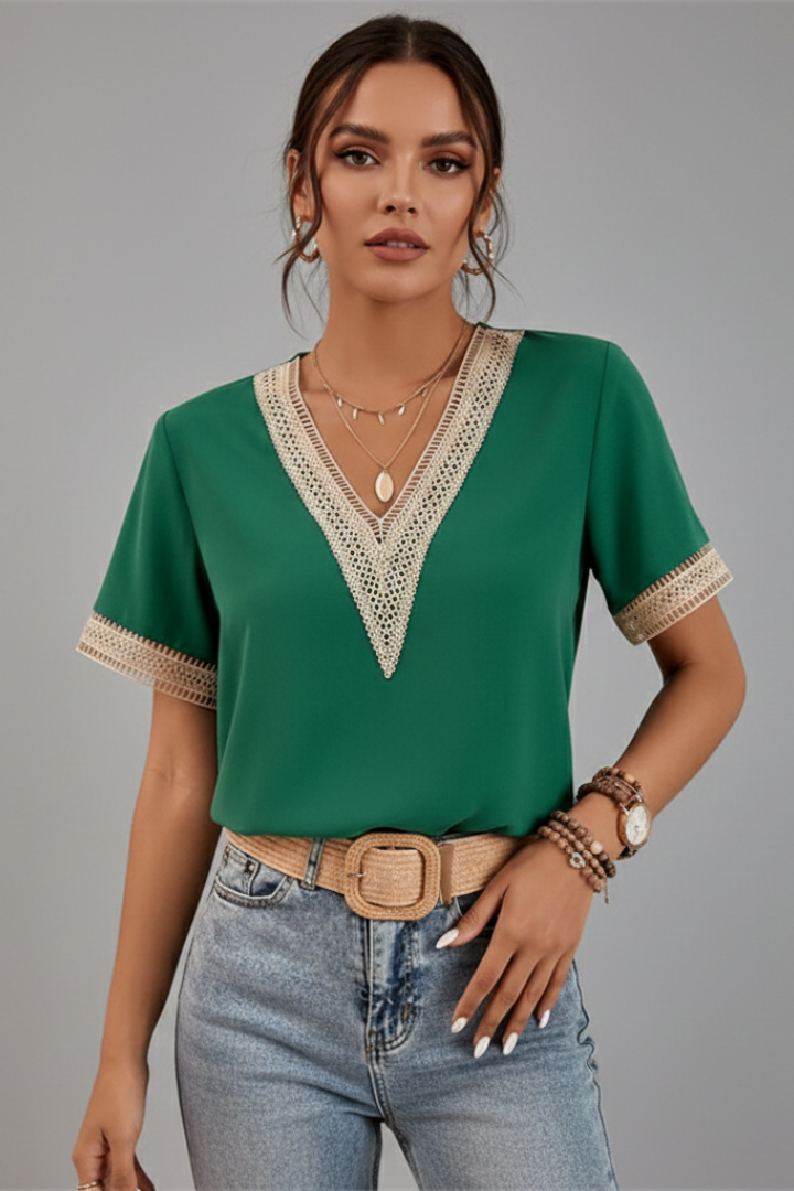 Nela | Women’s Short Sleeve Blouse – V-Neck Trim Detail Woven Everyday Top