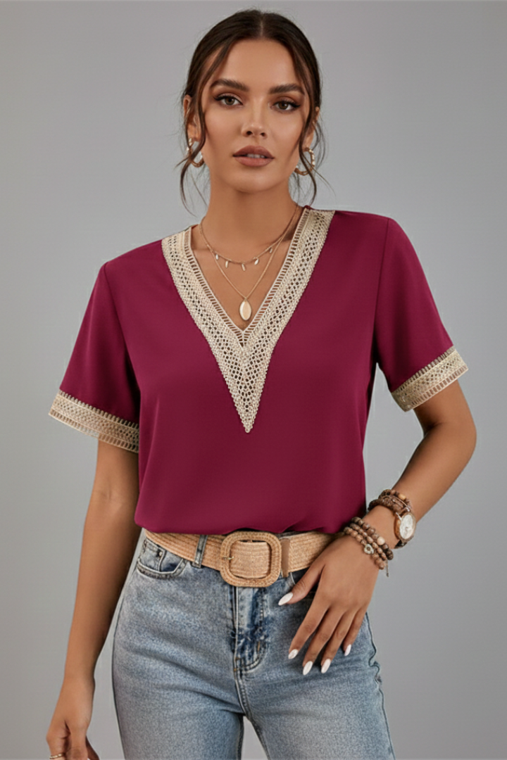 Nela | Women’s Short Sleeve Blouse – V-Neck Trim Detail Woven Everyday Top