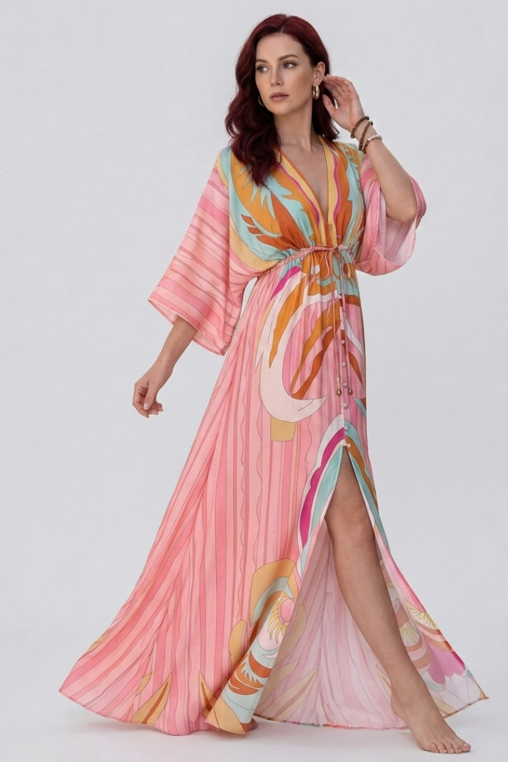 Nerissa | Women’s Boho Maxi Dress – V-Neck Button-Down, Belted Waist, Abstract Print