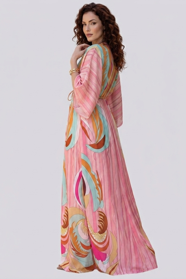 Nerissa | Women’s Boho Maxi Dress – V-Neck Button-Down, Belted Waist, Abstract Print