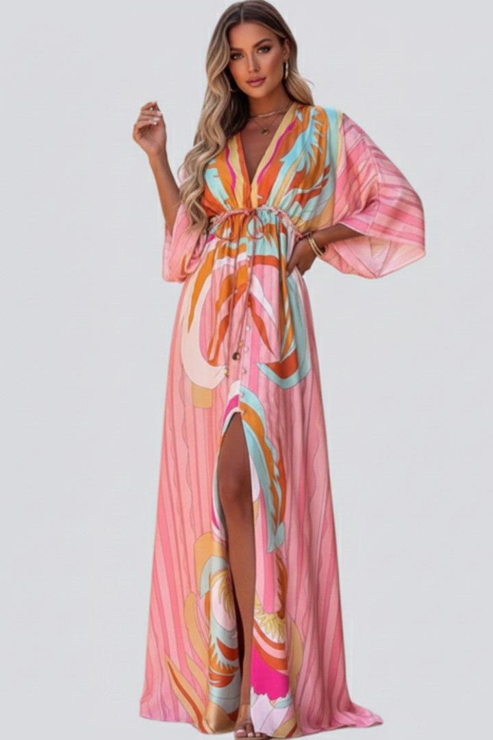 Nerissa | Women’s Boho Maxi Dress – V-Neck Button-Down, Belted Waist, Abstract Print