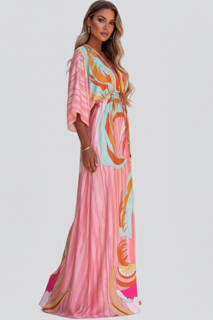 Nerissa | Women’s Boho Maxi Dress – V-Neck Button-Down, Belted Waist, Abstract Print