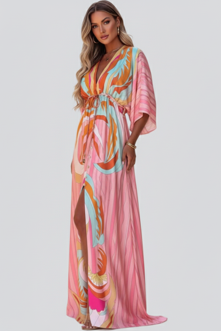 Nerissa | Women’s Boho Maxi Dress – V-Neck Button-Down, Belted Waist, Abstract Print