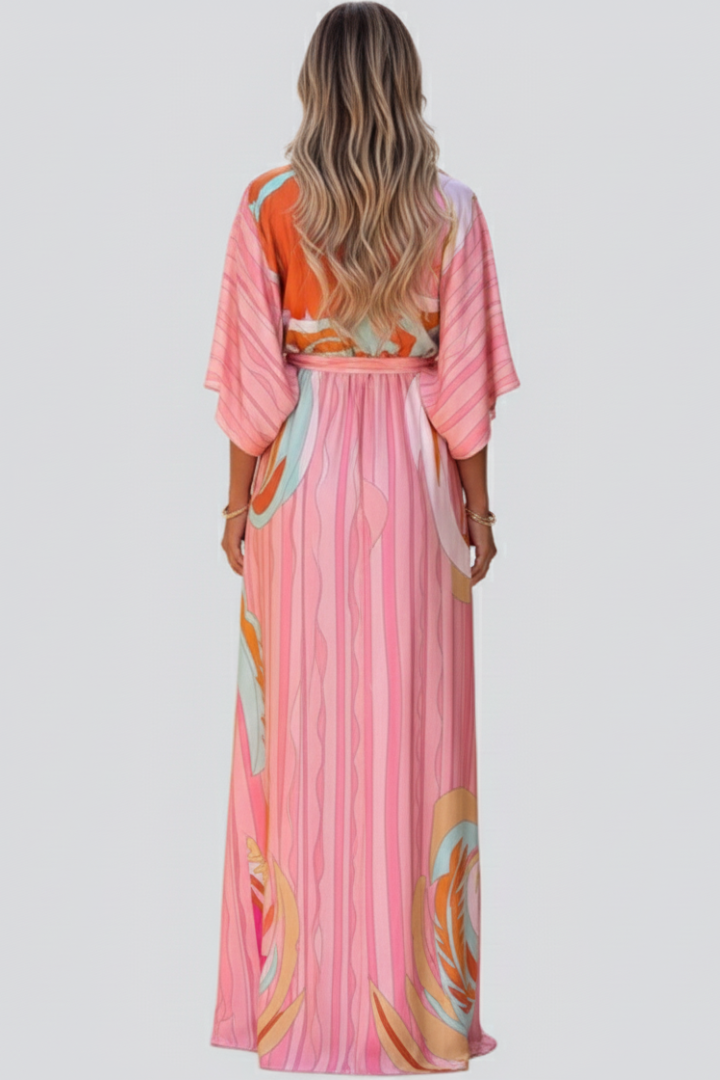 Nerissa | Women’s Boho Maxi Dress – V-Neck Button-Down, Belted Waist, Abstract Print