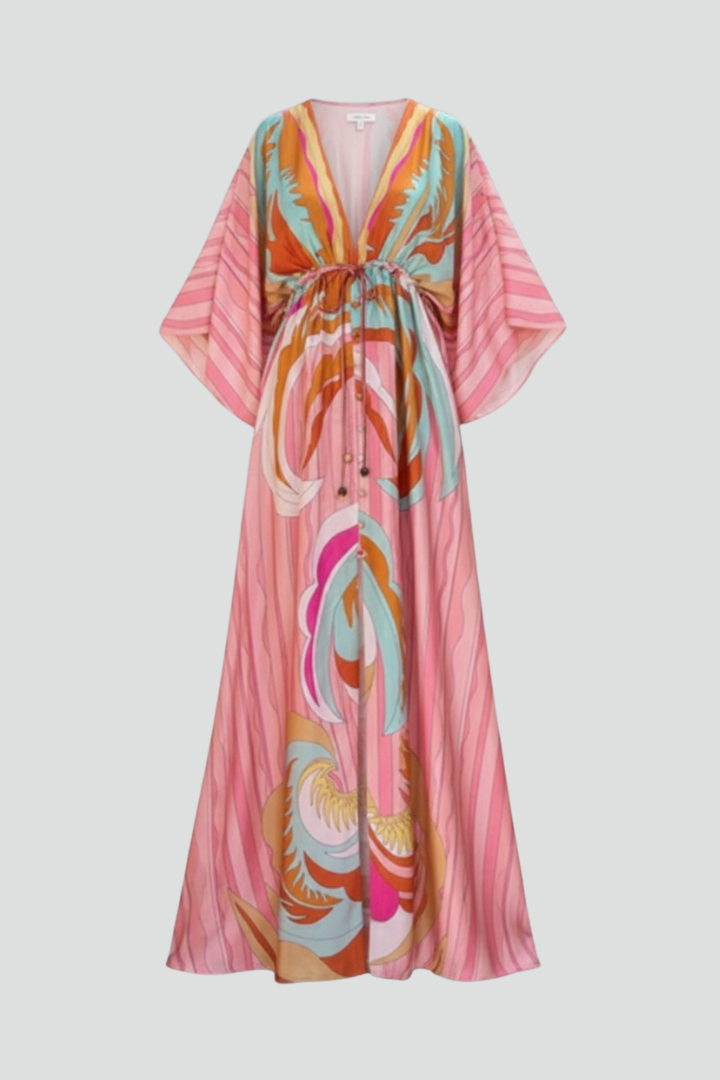 Nerissa | Women’s Boho Maxi Dress – V-Neck Button-Down, Belted Waist, Abstract Print