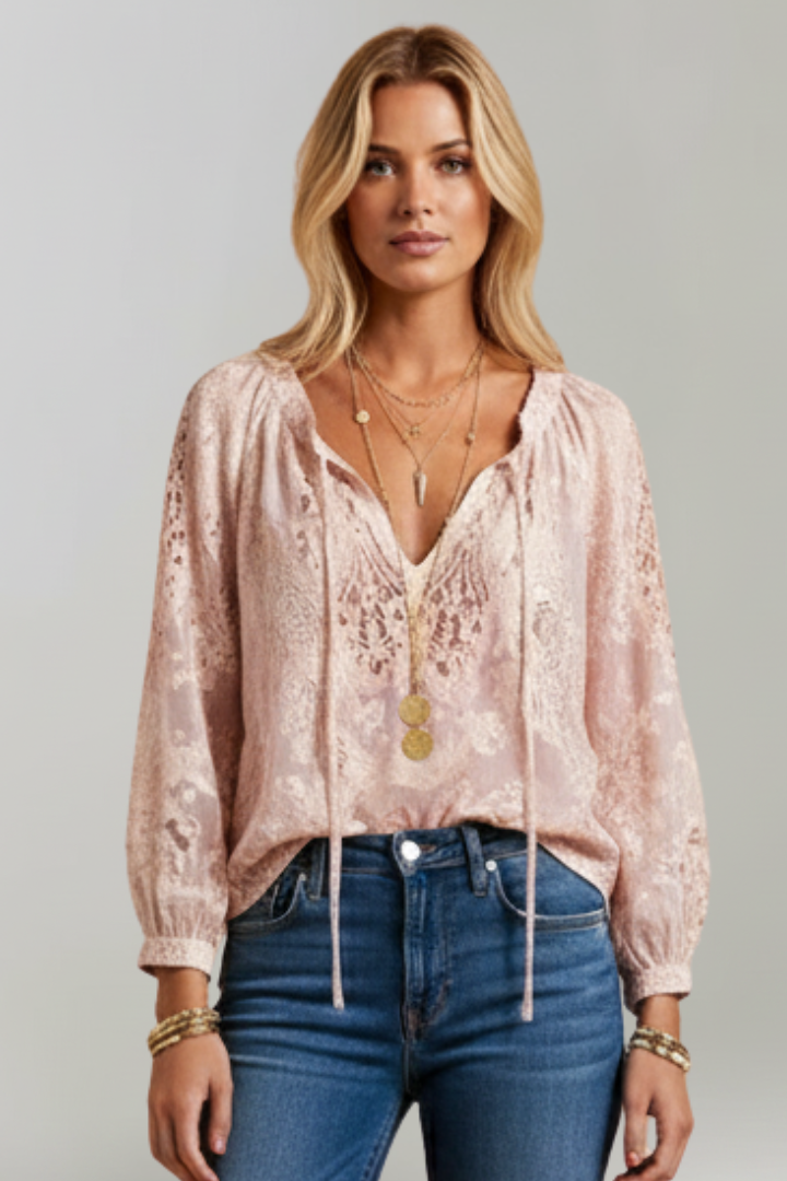 Nerisse | Women’s Sheer Blouse – Crochet Detail Tie Neck Top, Lightweight Casual Chic Shirt