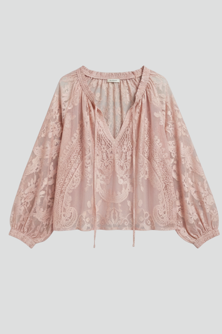 Nerisse | Women’s Sheer Blouse – Crochet Detail Tie Neck Top, Lightweight Casual Chic Shirt