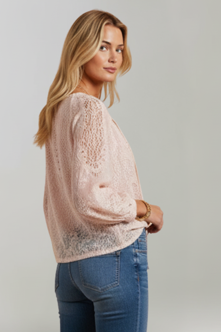 Nerisse | Women’s Sheer Blouse – Crochet Detail Tie Neck Top, Lightweight Casual Chic Shirt