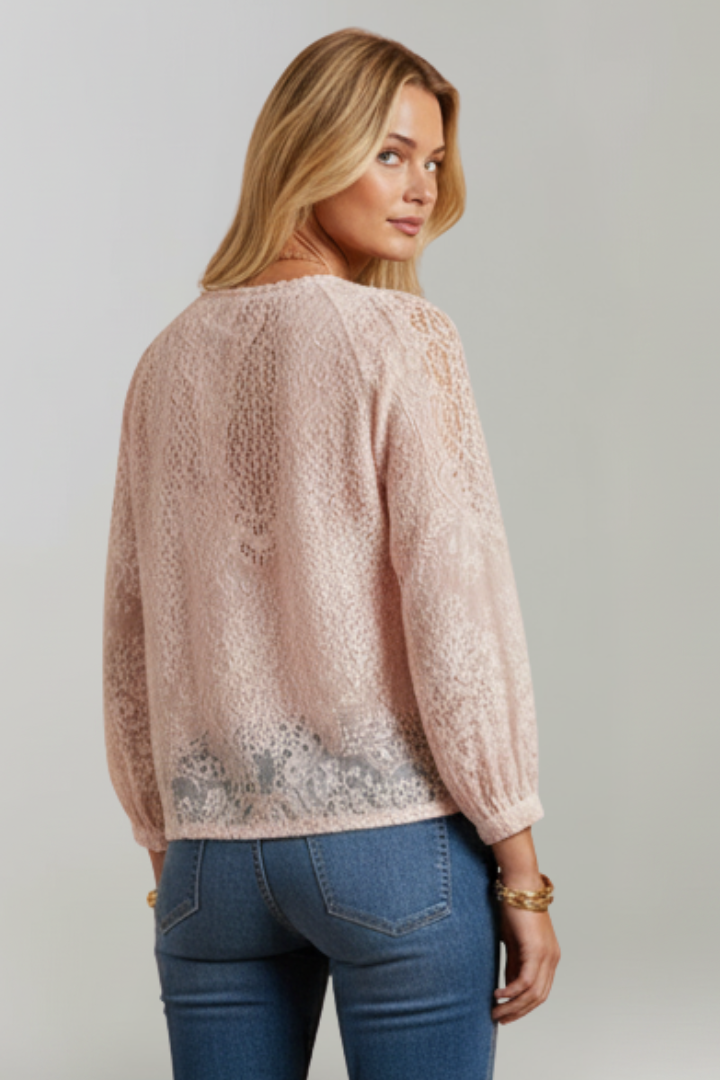 Nerisse | Women’s Sheer Blouse – Crochet Detail Tie Neck Top, Lightweight Casual Chic Shirt