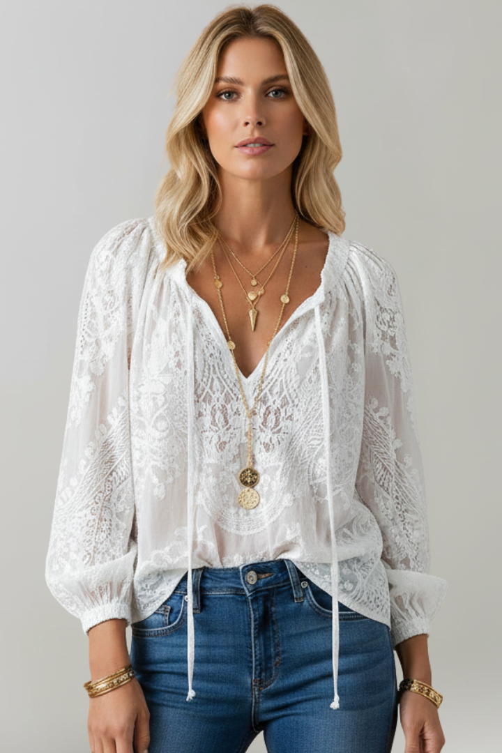 Nerisse | Women’s Sheer Blouse – Crochet Detail Tie Neck Top, Lightweight Casual Chic Shirt
