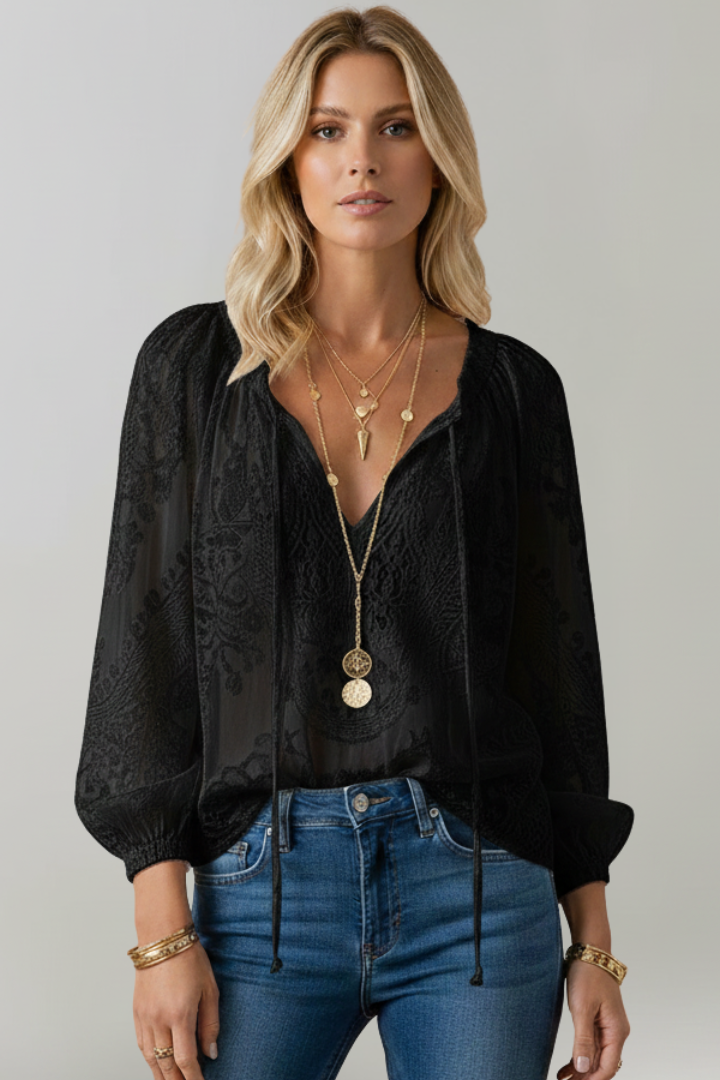 Nerisse | Women’s Sheer Blouse – Crochet Detail Tie Neck Top, Lightweight Casual Chic Shirt