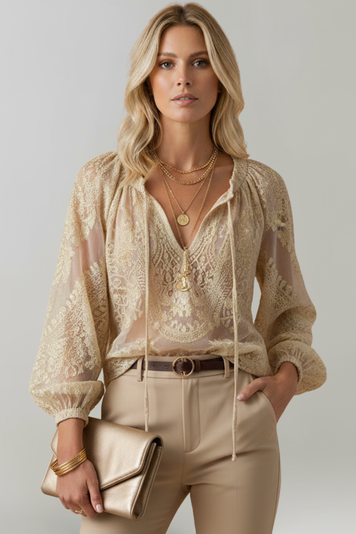 Nerisse | Women’s Sheer Blouse – Crochet Detail Tie Neck Top, Lightweight Casual Chic Shirt