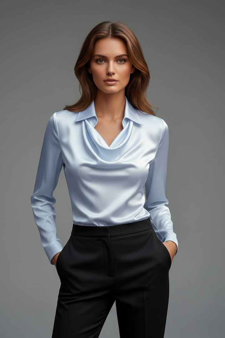 Nessa | Women's Elegant Satin Blouse – Draped Collar Office Long Sleeve Top